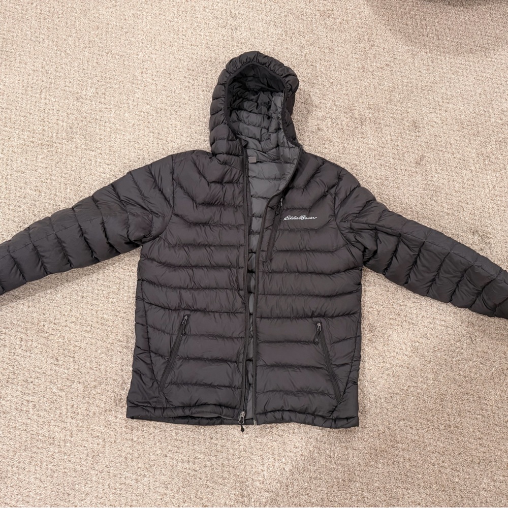 Eddie Bauer Down Light Hooded Black Insulated Jacket 800 Fill